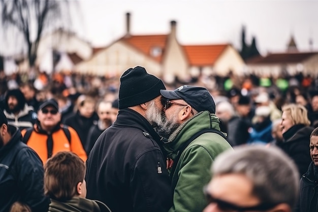 Twee oudere mannen zoenen hartstochtelijk op een openbaar homo-lhbt-plein