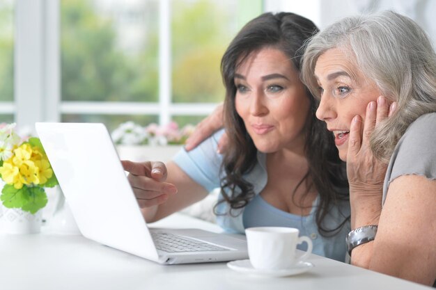 Twee oudere vriendinnen met een laptop