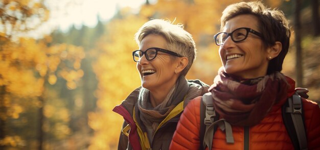 Twee oudere vrouwelijke vrienden wandelen samen door het bos in de herfst