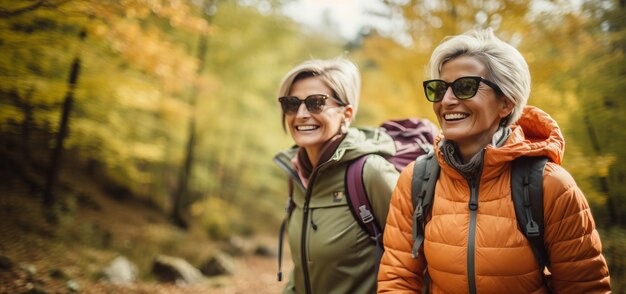 Twee oudere vrouwelijke vrienden wandelen samen door het bos in de herfst