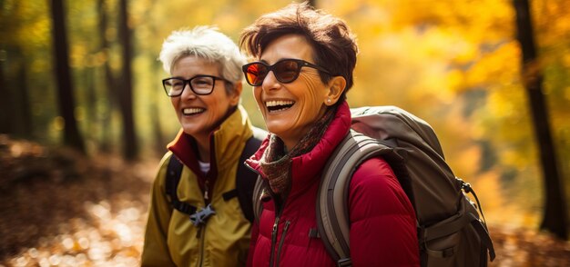 Twee oudere vrouwelijke vrienden wandelen samen door het bos in de herfst