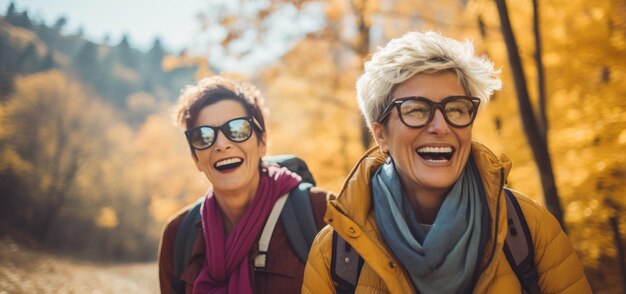 Twee oudere vrouwelijke vrienden wandelen samen door het bos in de herfst