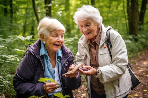 Twee oudere vrouwen genieten samen van een dagje geocachen, gemaakt met generatieve AI