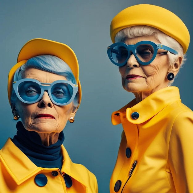 Foto twee oudere vrouwen met een blauwe bril en gele hoeden.