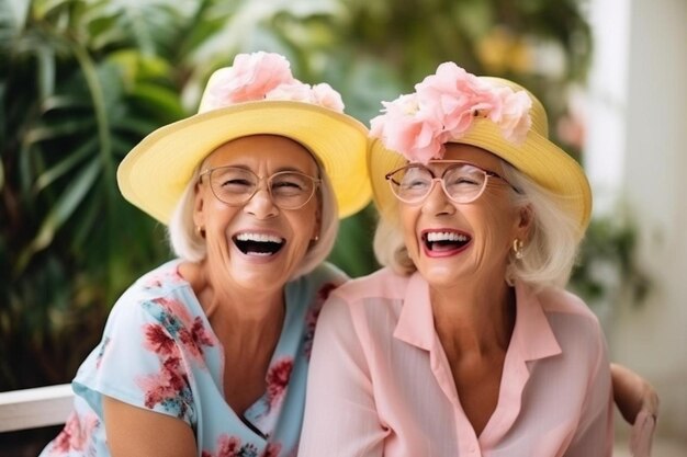 Twee oudere vrouwen met hoeden. Eén heeft een roze bloem op haar shirt.