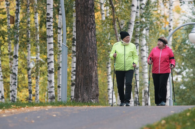Twee oudere vrouwen zijn betrokken bij Scandinavisch wandelen in het park