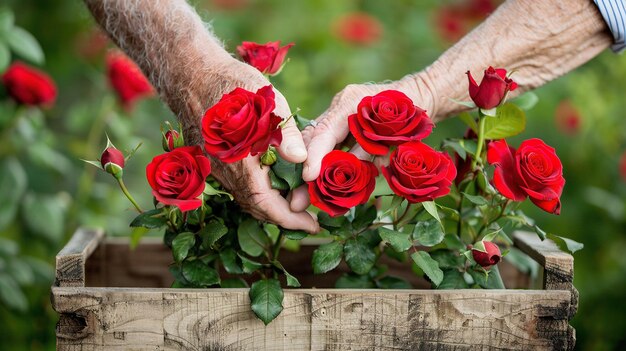 Twee ouderen houden rode rozen in hun handen.