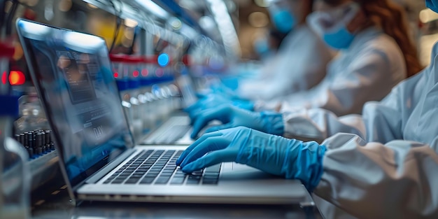 Twee paar handen werken samen aan een laptop in een lab Concept Teamwerk Samenwerking Wetenschap en Technologie