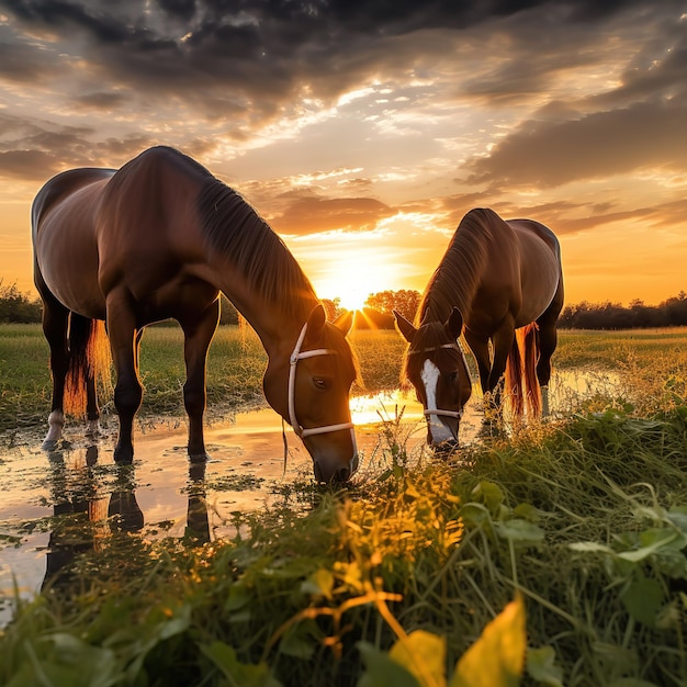 Twee paarden drinken water op een veld met een zonsondergang op de achtergrond.