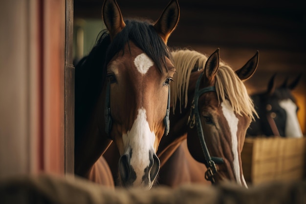 Twee paarden in een stal in een stalillustratie Generatieve AI