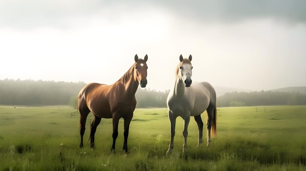 Twee paarden in een weiland met de lucht op de achtergrond