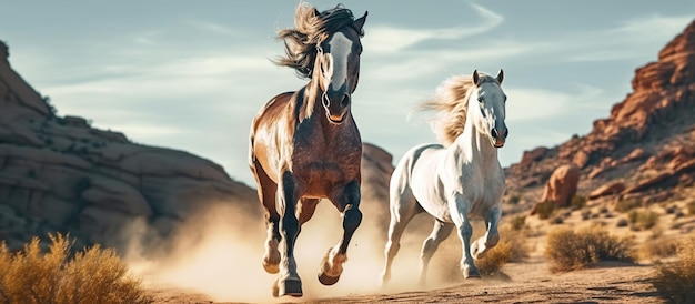 Twee paarden rennen in de woestijn Generatieve AI