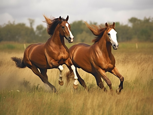 Twee paarden rennen in een veld