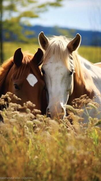 twee paarden staan naast elkaar in een veld