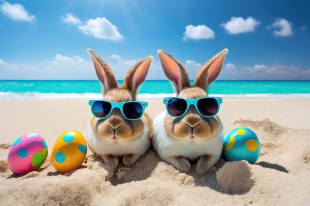 Twee paashazen met paaseieren op het tropische strand Paasvakantie