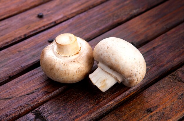 Twee paddestoelen op houten oppervlak