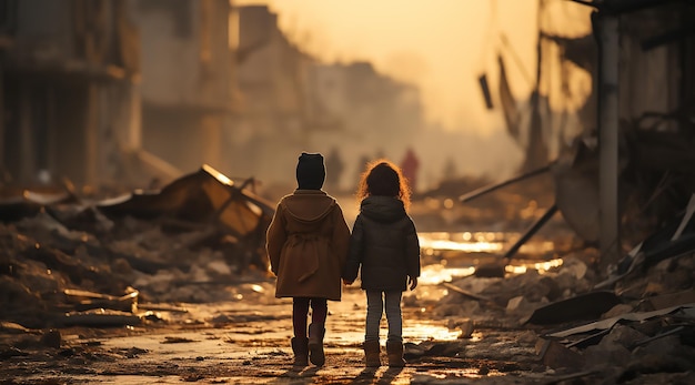 Twee Palestijnse kinderen voor de ruïnes met puin om hen heen van de gevolgen van de oorlogscrisis