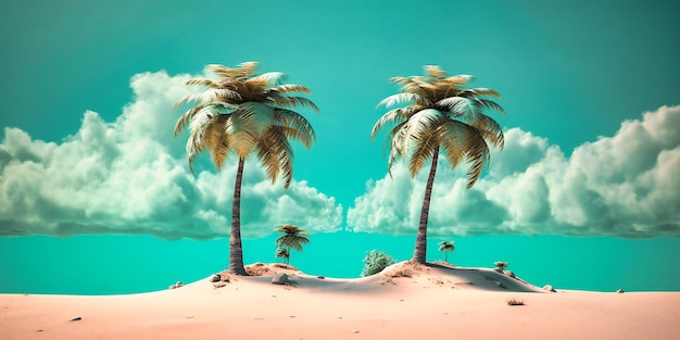 Twee palmbomen op een afgelegen strandeiland met wolken