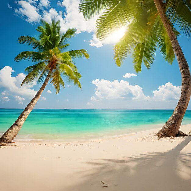 twee palmbomen op een strand met de zon die door hen schijnt