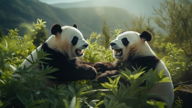 Twee panda's spelen in het bos