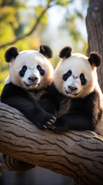 Foto twee panda's zitten samen en zien er tevreden en ontspannen uit.