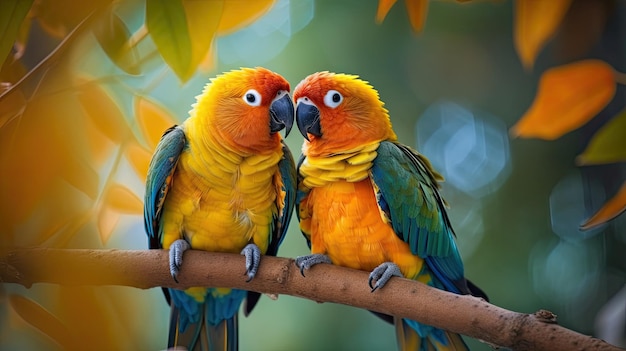 Twee papegaaien op een tak met groene bladeren op de achtergrond