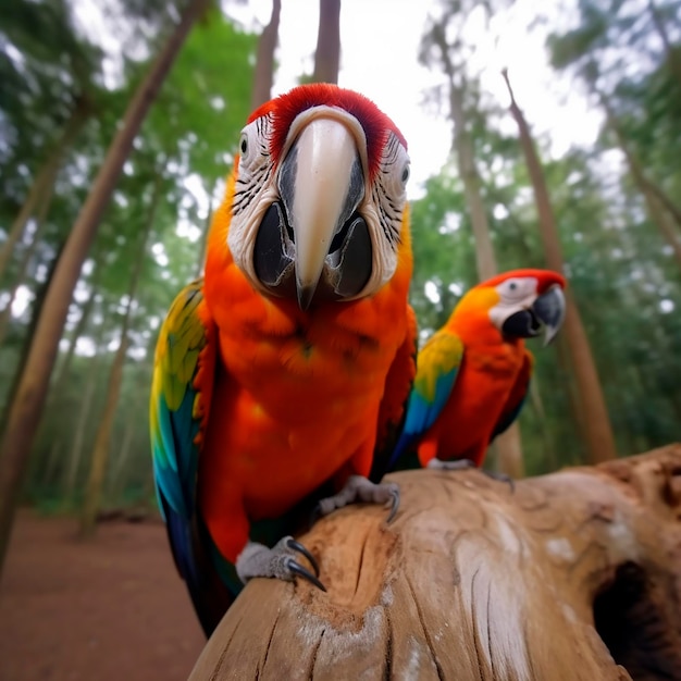 Twee papegaaien zitten op een boomstam in het bos.