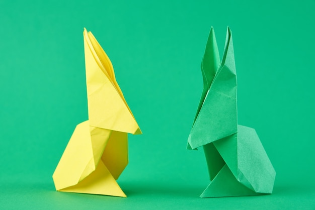 Twee papieren kleurrijke origami Pasen konijnen op groen