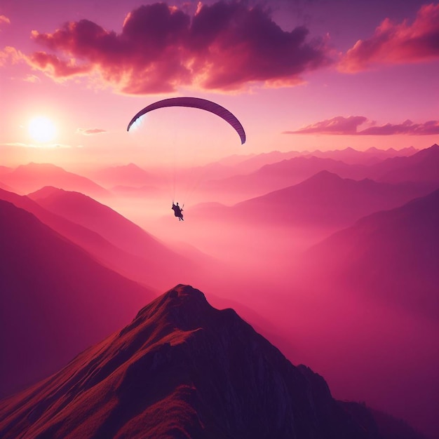 Twee paragliders vliegen over de top van de berg in het epische roze zonsonderganglicht.