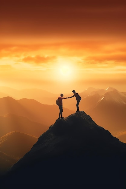 Twee personen in een hoge berg met zonsondergang op de achtergrond