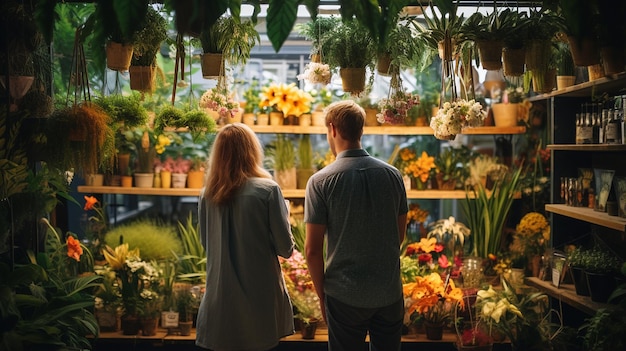 Twee personen winkelen in een plantenwinkel