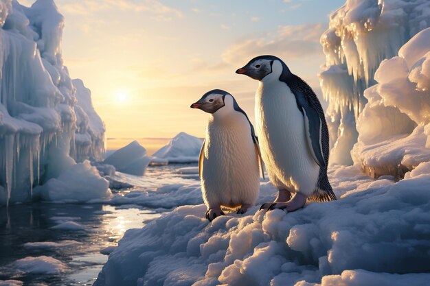 twee pinguïns op een ijsvloeier in het oceaanwater in de winter