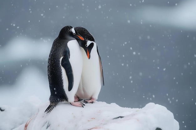 twee pinguïns zitten op de top van een met sneeuw bedekte rots