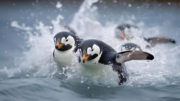 Twee pinguïns zwemmen in het water en één heeft een gele snavel