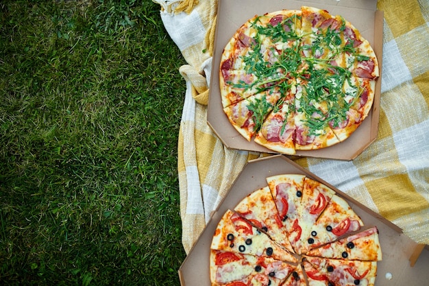 Twee pizza's in de voedselverpakking op het gras picknick concept bovenaanzicht kopieerruimte Take away food fastwood Italiaanse pizza outdoorxA