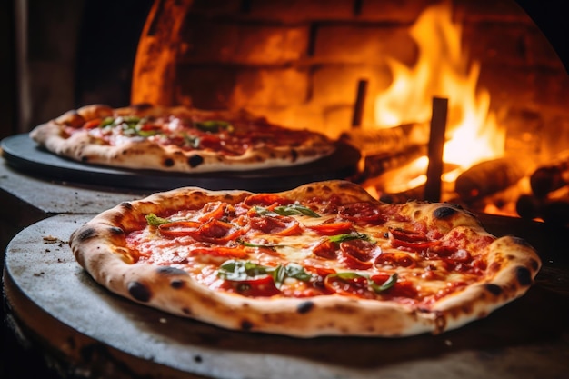 Twee pizzas zitten voor een houten oven.