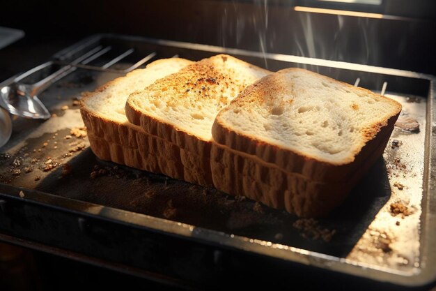 twee plakjes brood bovenop een pan