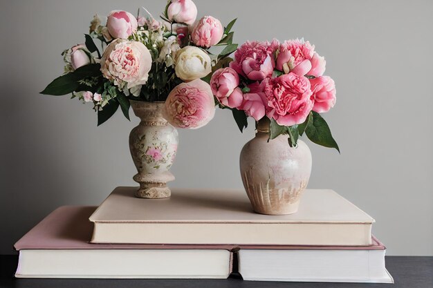 Twee porseleinen vazen met delicate pioenbloem op standaard boeken op grijze achtergrond