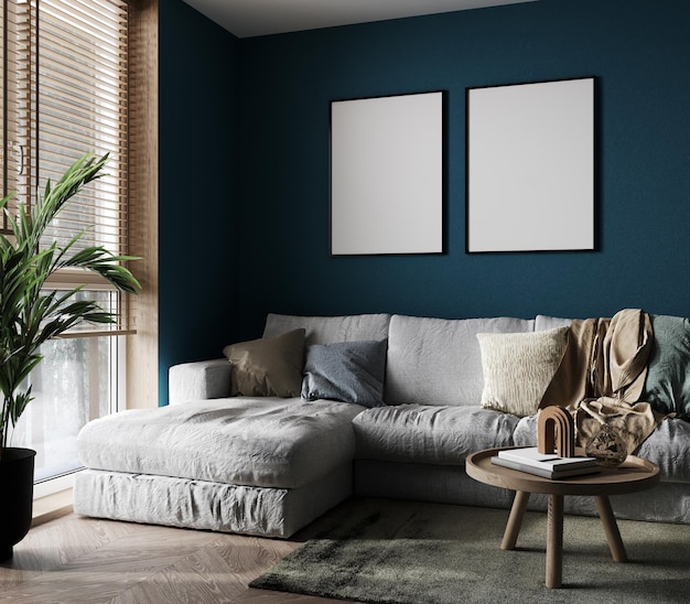 Twee poster mockup met verticale frames op lege blauwe muur in stijlvolle woonkamer interieur 3d render