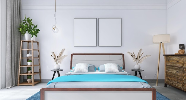 Twee posterframe mockup in modern en minimaal slaapkamerinterieur met witte achtergrond, bed