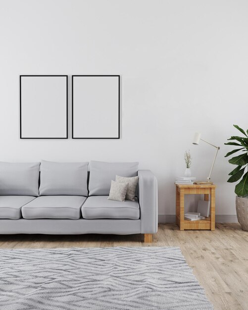 Twee posterframes mockup in modern en minimalistisch interieur van woonkamer met bank witte muur en houten vloer met grijs tapijt moderne interieur achtergrond Scandinavische stijl 3d renderingxA