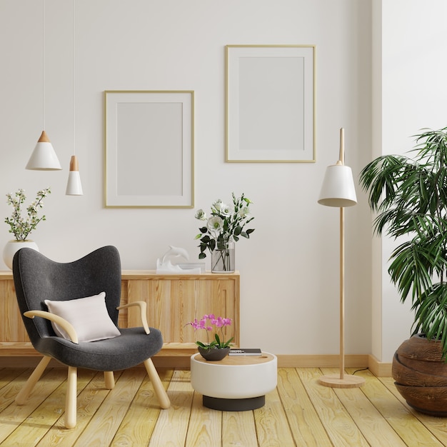 Twee postermodel met verticale frames op lege witte muur in woonkamerinterieur en fauteuil.3D-rendering