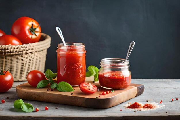 Twee potjes tomatensaus met een mandje verse basilicum op tafel.
