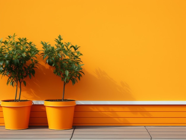 twee potplanten voor een oranje muur