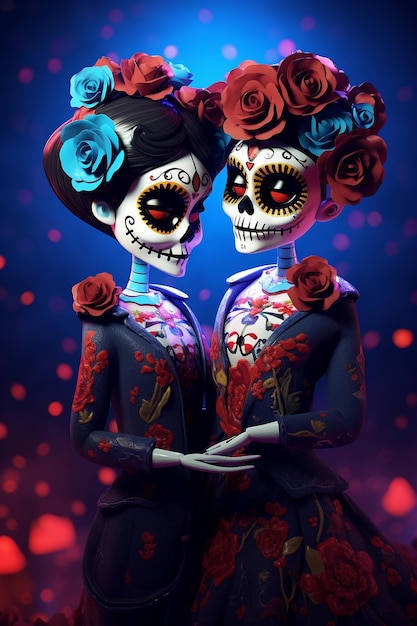 Twee prachtige dia de los muertos schedel liefhebbers omhelsd