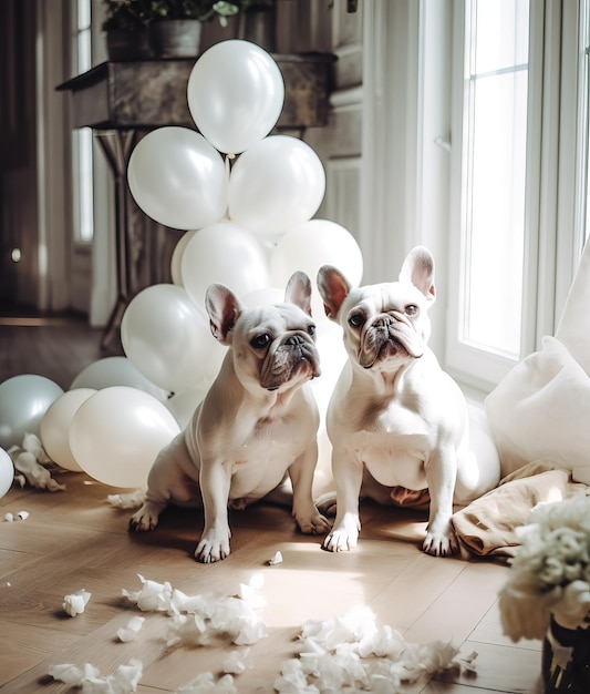 Twee prachtige franse bulldogs in een klassiek luxe interieur met ballonnen en versieringen Generative Ai