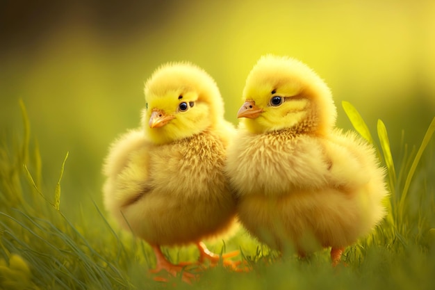 Foto twee prachtige gele kuikens zitten samen op gras