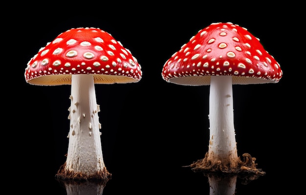 Twee prachtige vliegagarics geïsoleerd op een zwarte achtergrond