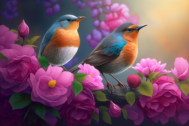 Twee prachtige vogels boven de bloemen generatieve AI