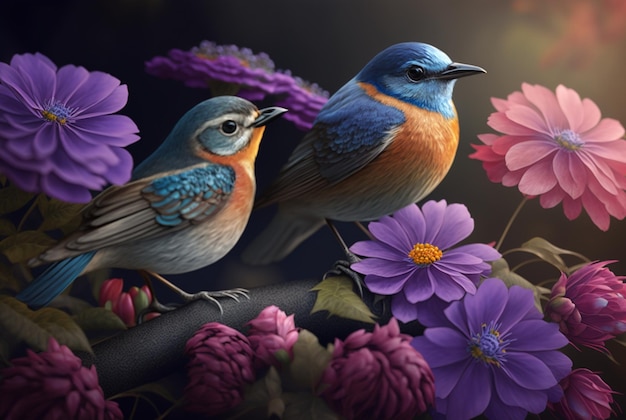 Twee prachtige vogels boven de bloemen generatieve AI